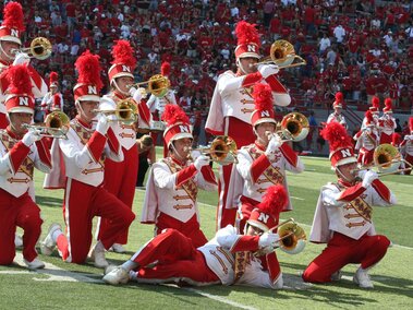 Cornhusker Marching Band Trombones in Memorial Stadium