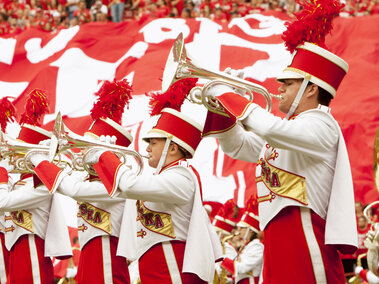 Cornhusker Marching Band Mellophones w/ Go Big Red Flag