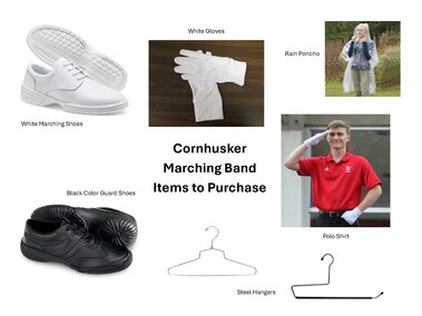 marching band items to purchase, shoes, gloves, polo, hangers