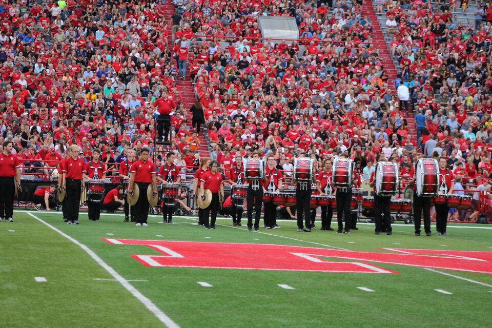 CMB drumline in Memorial Stadium during the Exhibition